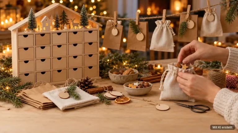Hände befüllen Stoffsäckchen für einen selbstgemachten Adventskalender, daneben ein Holz-Adventskalender mit Schubladen