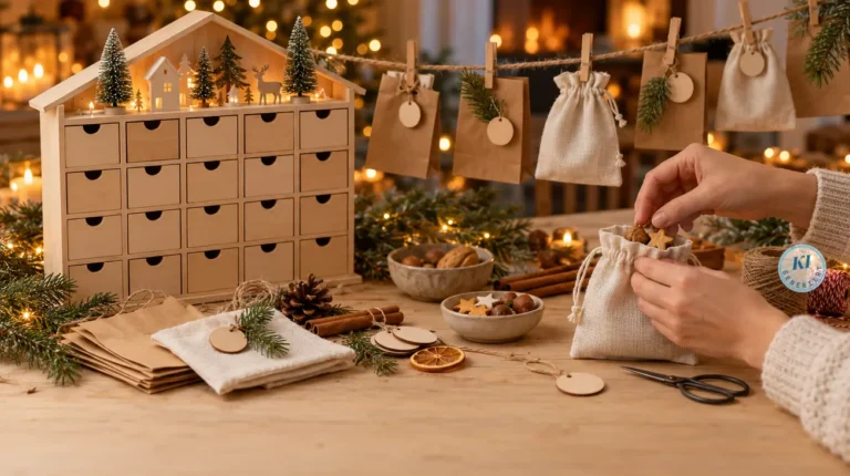 Adventskalender zum Befüllen 2026 – leer kaufen oder selber machen 7 Hände befüllen Stoffsäckchen für einen selbstgemachten Adventskalender, daneben ein Holz-Adventskalender mit Schubladen