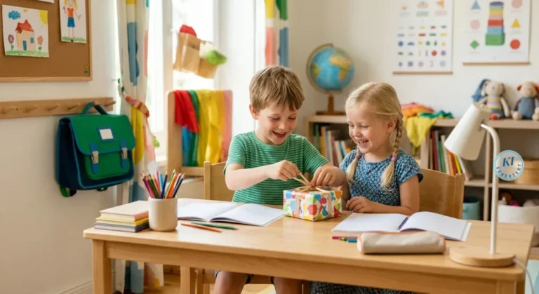 85 originelle Geldgeschenke zur Einschulung 2026 9 Zwei Kinder öffnen eine bunt verpackte Geschenkbox am Schreibtisch mit Heften, Stiften und Ranzen im Hintergrund.