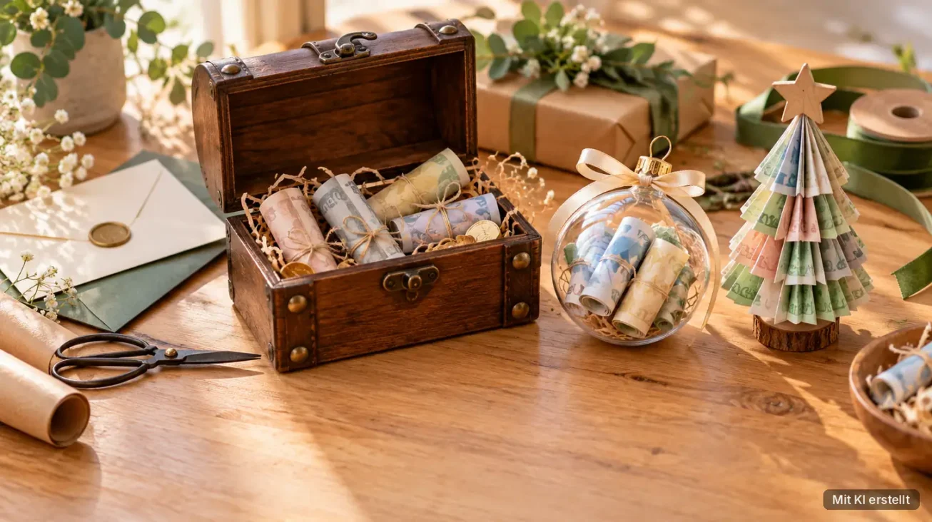 Geldgeschenke verpackt: gerollte Scheine in einer Holztruhe, in einer Christbaumkugel und als gefalteter Geldbaum