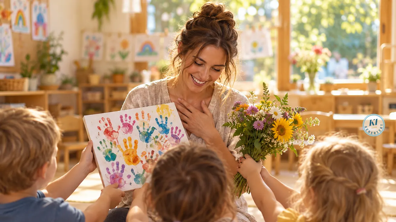 Abschiedsgeschenk für die Erzieherin und andere Geschenke für Erzieher 2026 38 Kinder überreichen ihrer Erzieherin in der Kita ein Bild mit Handabdrücken und einen Blumenstrauß
