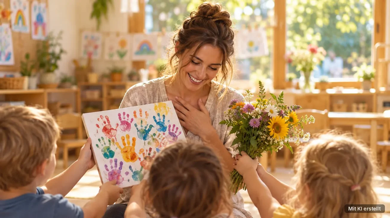 Kinder überreichen ihrer Erzieherin in der Kita ein Bild mit Handabdrücken und einen Blumenstrauß