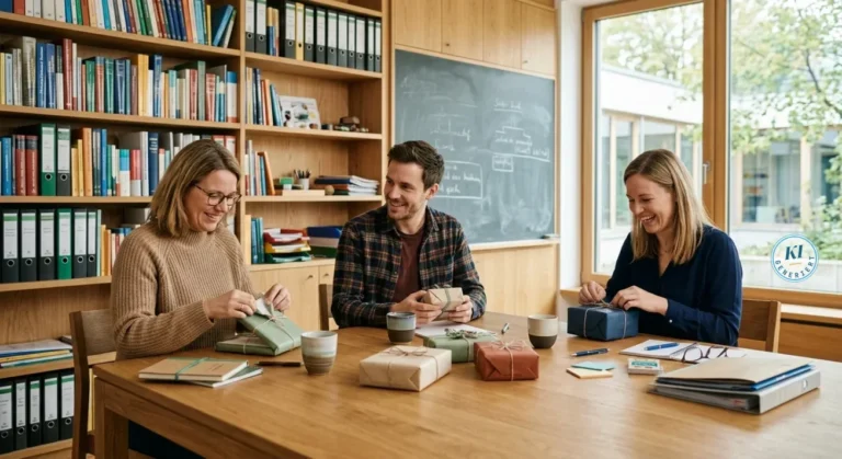 Geschenke für Lehrer 2026 – Ideen zum Abschied, zu Weihnachten und als Dankeschön 28 Drei Personen verpacken Geschenke am Holztisch in einem Raum mit Bücherregalen und Tafel.