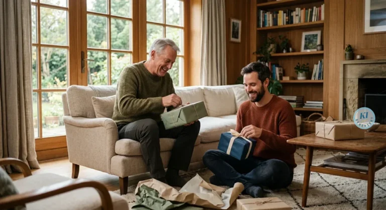 Geschenke für Papa 2026 – Ideen zum Geburtstag, zu Weihnachten und fürs Hobby 27 Älterer Mann auf Sofa und jüngerer Mann am Boden öffnen Geschenkpakete im hellen Wohnzimmer.