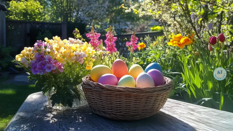 50 zauberhafte Geschenkideen zu Ostern 2026 14 Es stehen bunte Ostereier in einem Korb auf einem Tisch, daneben ein schöner Frühlingsstraus. Das Ganze befindet sich in einem schönem Garten.