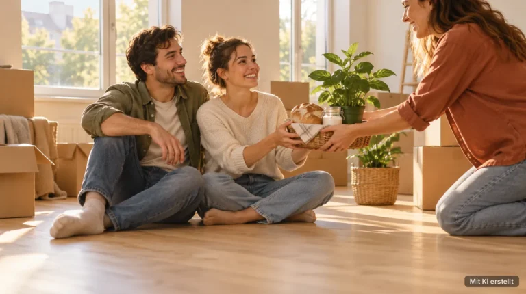 Freundin überreicht einem Paar in der neuen Wohnung Brot, Salz und eine Pflanze zum Einzug