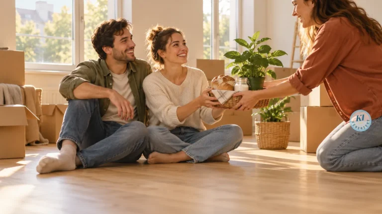 Geschenke zum Einzug 2026 – Ideen für Wohnung und Haus 18 Freundin überreicht einem Paar in der neuen Wohnung Brot, Salz und eine Pflanze zum Einzug