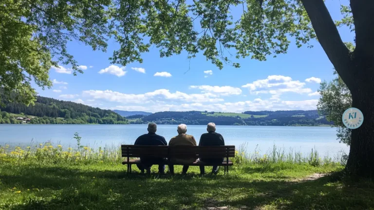 40 unvergessliche Geschenkideen zum Ruhestand 2026 16 drei alte Männer im Ruhestand sitzen auf einer Parkbank und starren auf einen edylischen See
