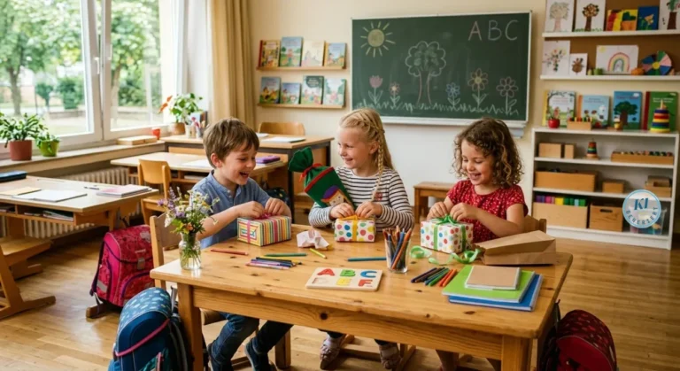 93 Geschenke zur Einschulung 2026 - die schönsten Ideen 8 Drei Kinder öffnen bunte Geschenke an einem Tisch im Klassenzimmer, umgeben von Stiften, Heften und Rucksäcken.