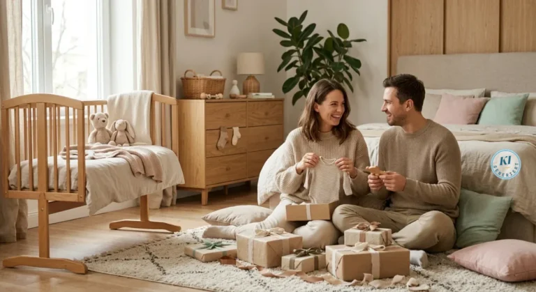 Geschenke zur Geburt 2026 – praktische und bleibende Ideen für Baby und Eltern 17 Paar sitzt im gemütlichen Schlafzimmer und öffnet Babygeschenke, umgeben von verpackten Päckchen, Wiege und Kuscheltieren.