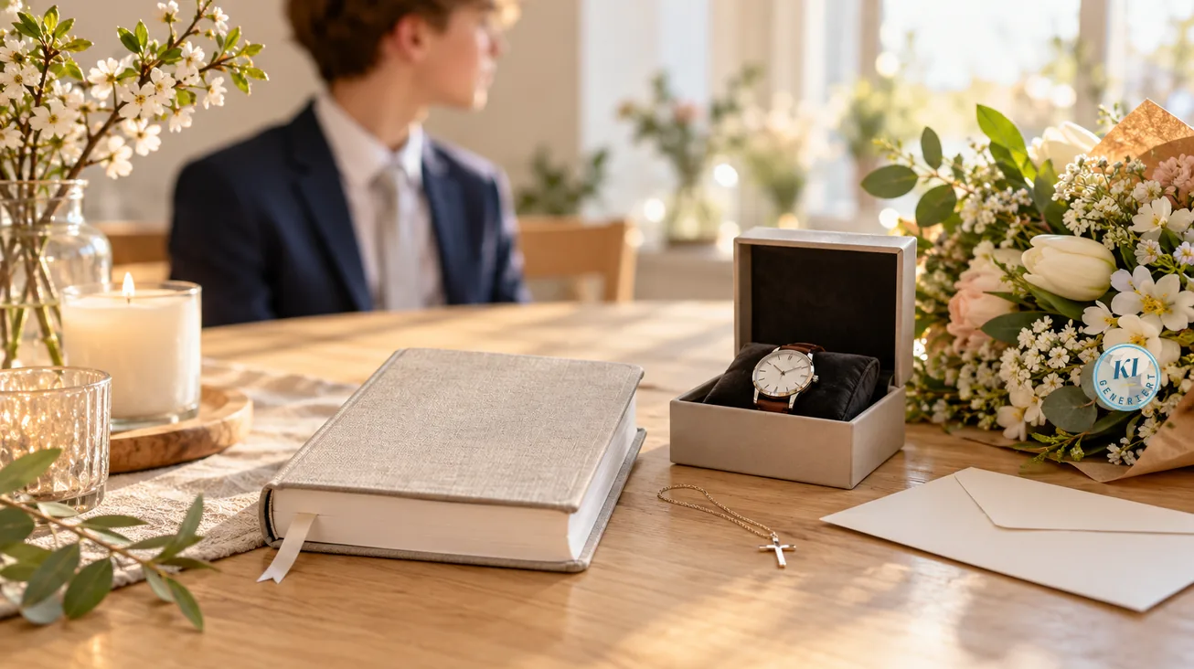 Geschenk zur Konfirmation 2027 – Ideen, die Teenagern gefallen 36 Armbanduhr im Etui, Bibel, Kreuzkette und Briefumschlag als Geschenke zur Konfirmation, dahinter ein Jugendlicher im Anzug
