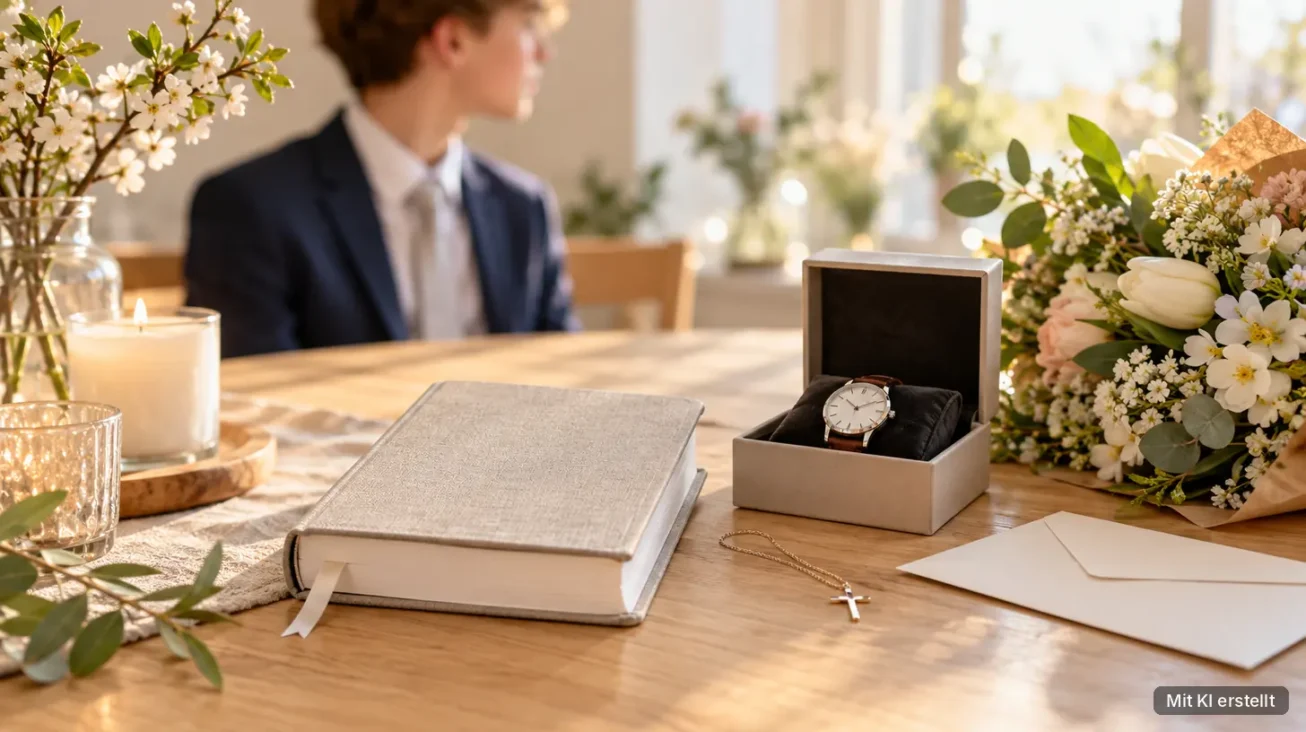 Armbanduhr im Etui, Bibel, Kreuzkette und Briefumschlag als Geschenke zur Konfirmation, dahinter ein Jugendlicher im Anzug
