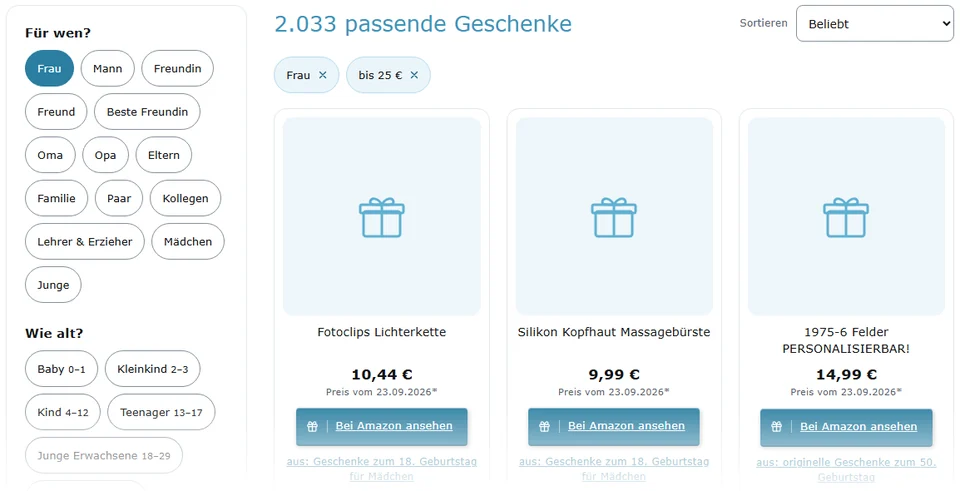 Vorschau des Geschenkefinders: Filter nach Person, Alter, Anlass und Budget mit den passenden Geschenkideen