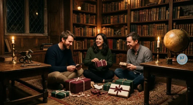 102 magische Harry Potter Geschenke 31 Drei Freunde sitzen in gemütlicher Bibliothek und öffnen verpackte Geschenke, umgeben von Kerzen, alten Büchern und Globus