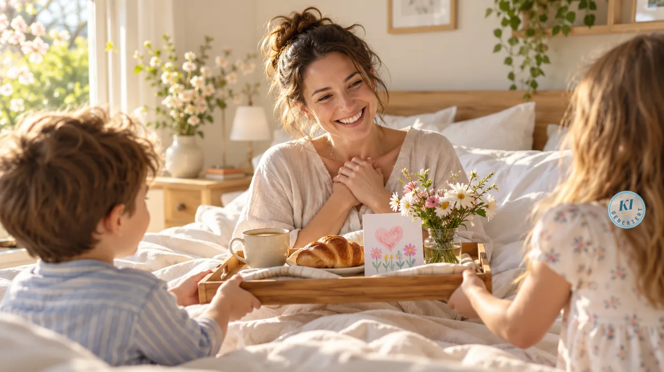 Muttertagsgeschenke 2027: Ideen, über die sich Mama wirklich freut 35 Zwei Kinder bringen ihrer Mutter am Muttertag Frühstück mit Croissant, Blumen und einer gemalten Karte ans Bett