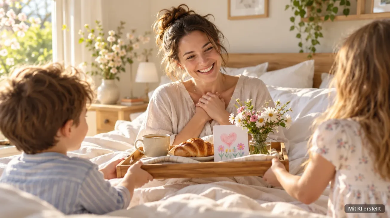 Zwei Kinder bringen ihrer Mutter am Muttertag Frühstück mit Croissant, Blumen und einer gemalten Karte ans Bett