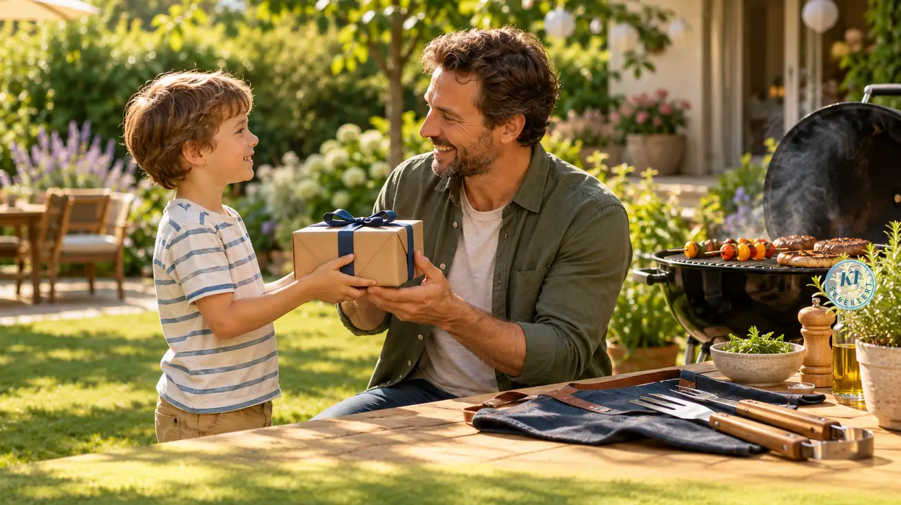 Sohn überreicht seinem Vater im Garten ein Geschenk, daneben Grill, Grillschürze und Grillbesteck