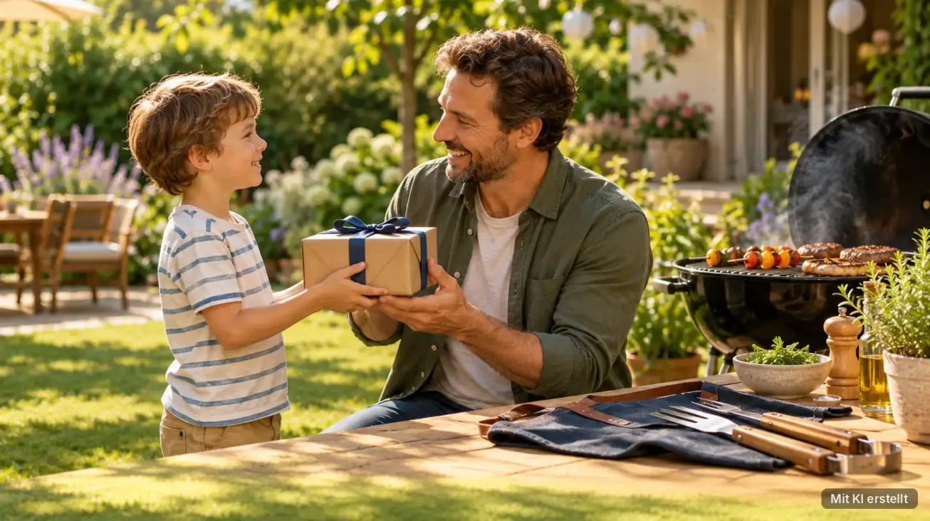 Sohn überreicht seinem Vater im Garten ein Geschenk, daneben Grill, Grillschürze und Grillbesteck