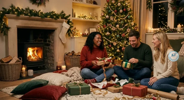 Weihnachtsgeschenke 2026: Was am meisten verschenkt wird und wie du das passende Geschenk findest 6 Drei Freunde öffnen Geschenke vor einem geschmückten Weihnachtsbaum am Kamin, umgeben von Kerzen und Deko